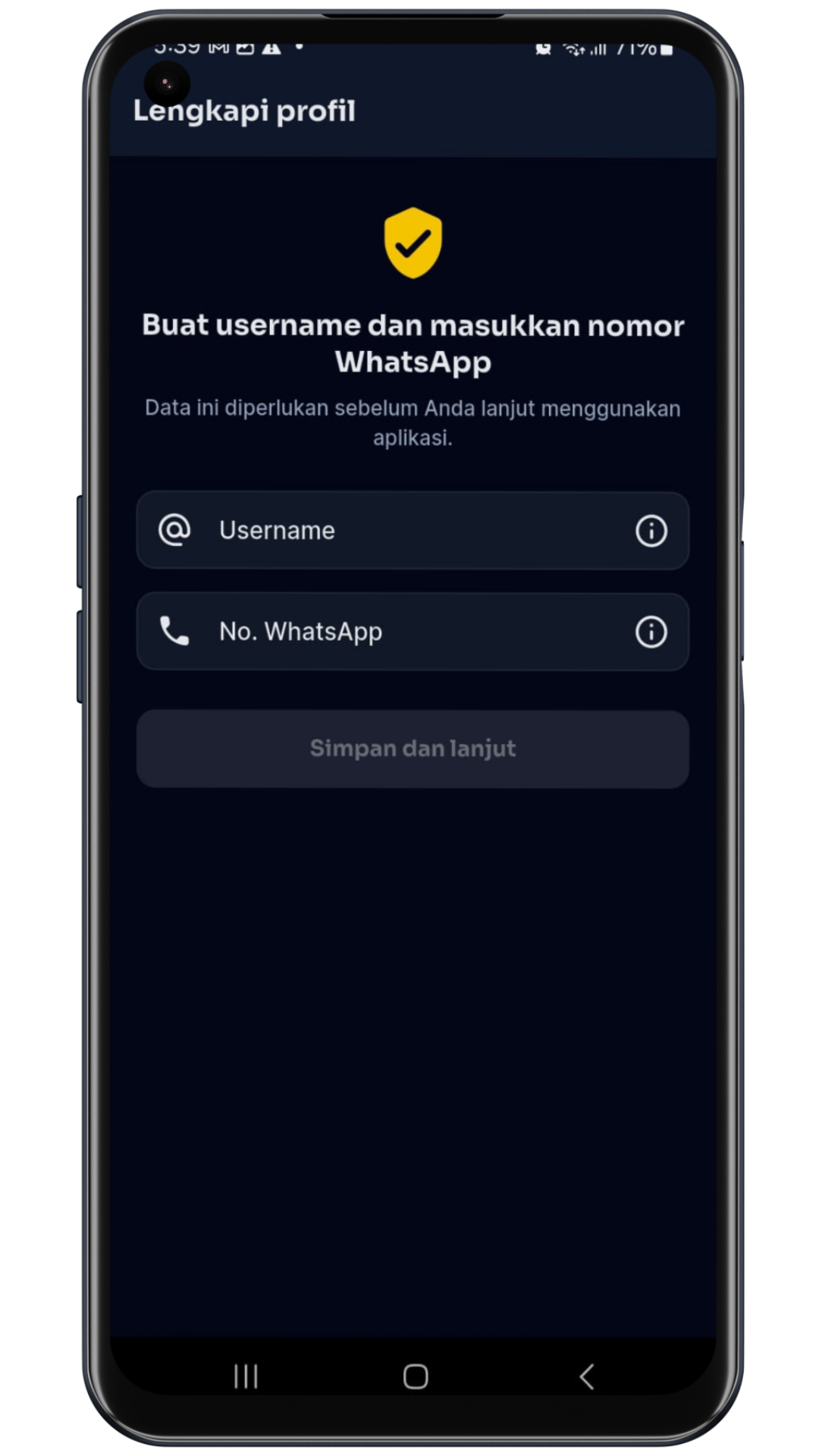 Layar TradeHub untuk melengkapi profil pengguna