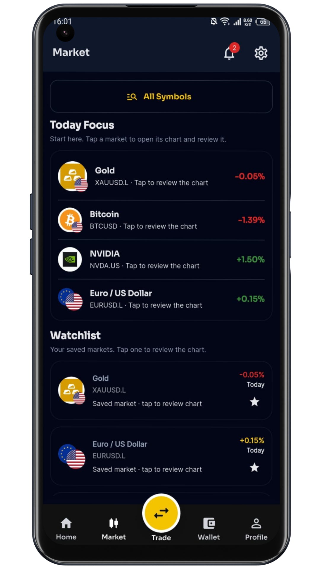 Layar market dan watchlist TradeHub