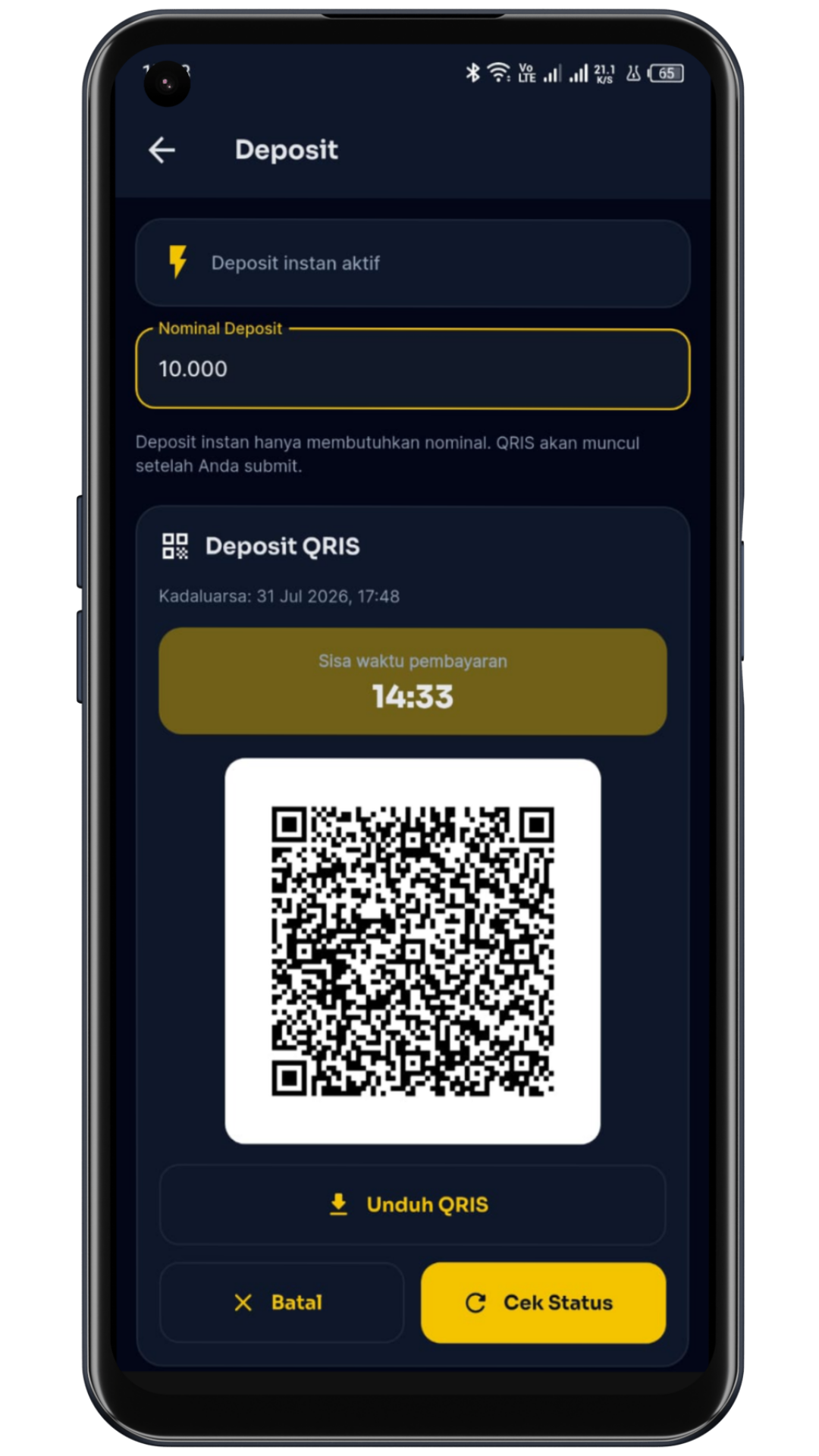 Layar deposit TradeHub dengan nominal 10.000