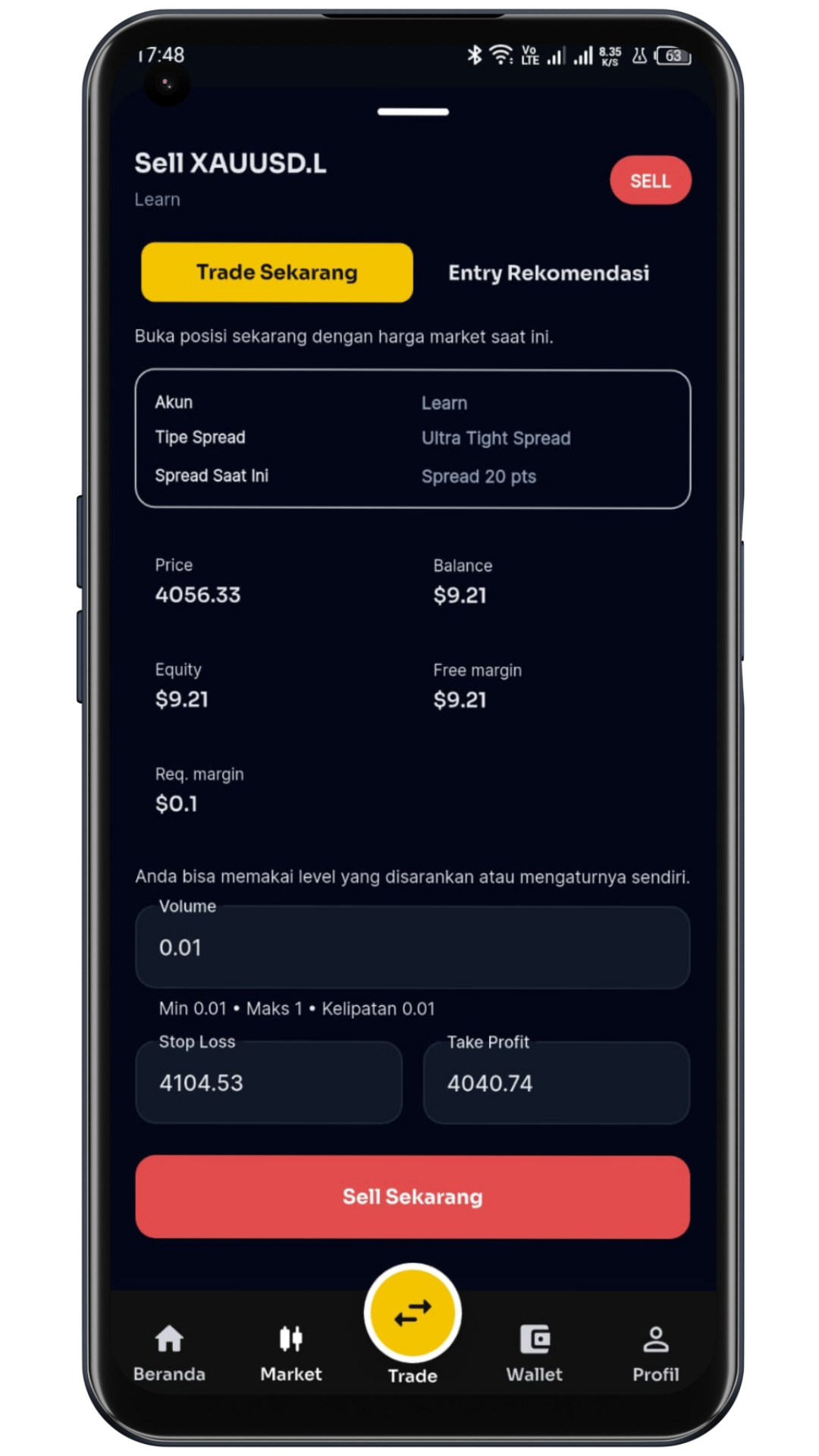 Layar detail rekomendasi entry di aplikasi TradeHub