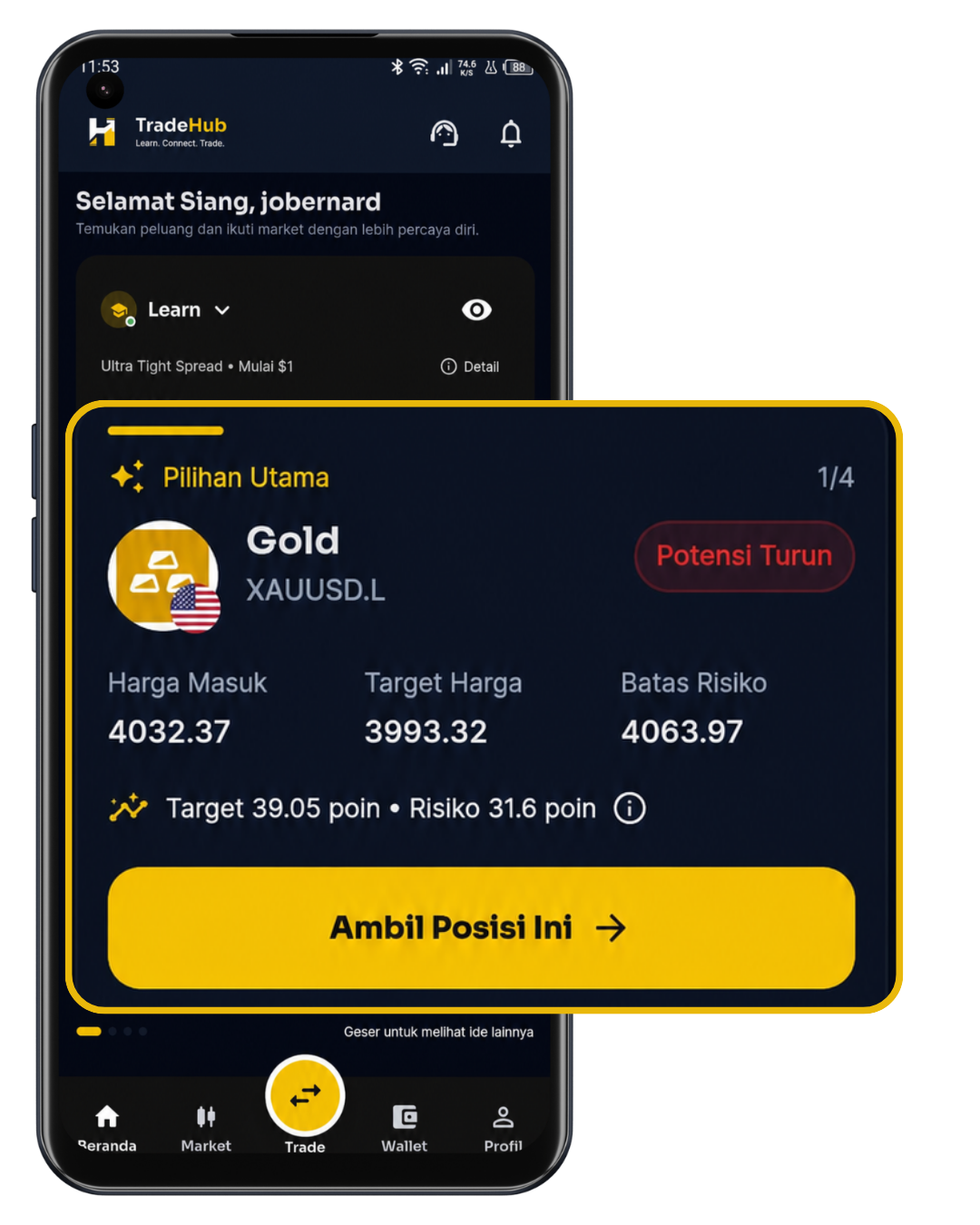 Mockup aplikasi TradeHub dengan kartu Trading Ideas AI